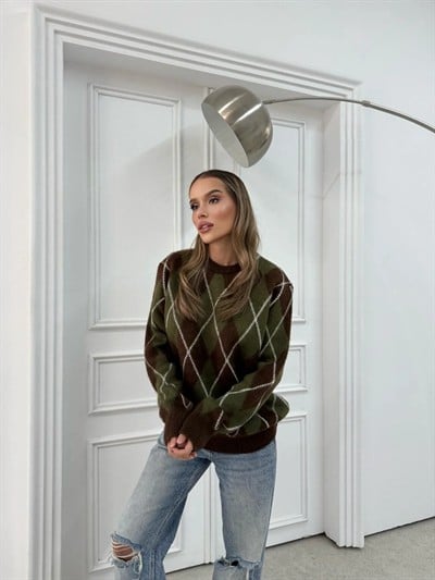 BAKLAVA DESEN BİSİKLET YAKA KAZAK HAKİ