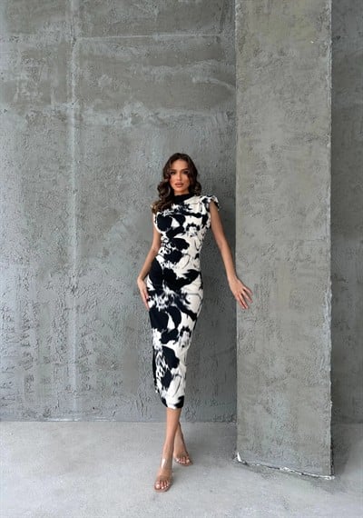 BATİK DESEN VATKALI UZUN ELBİSE