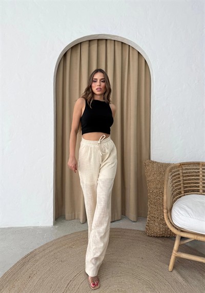 BEL BAĞCIKLI PALAZZO KETEN PANTOLON KREM