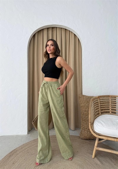 BEL BAĞCIKLI PALAZZO KETEN PANTOLON YEŞİL
