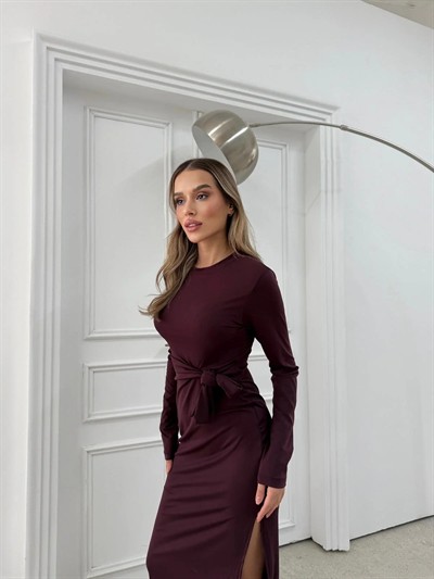 BEL BAĞLAMA DETAY YIRTMAÇLI MODAL ELBİSE MÜRDÜM