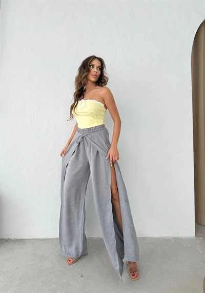 BEL BAĞLAMALI YIRTMAÇLI KETEN PANTOLON GRİ