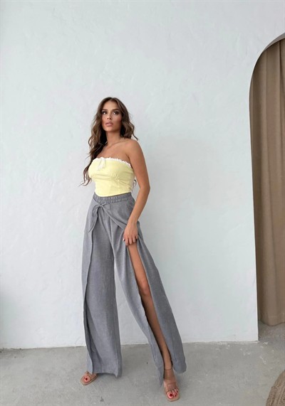 BEL BAĞLAMALI YIRTMAÇLI KETEN PANTOLON GRİ