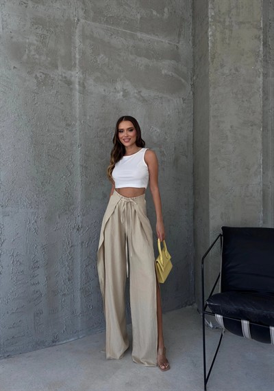 BEL BAĞLAMALI YIRTMAÇLI KETEN PANTOLON KREM