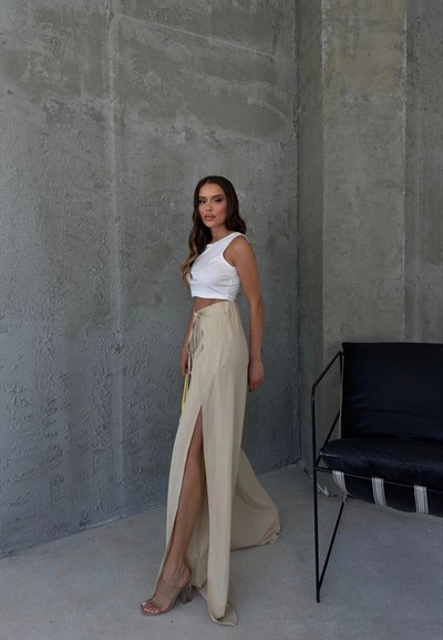 BEL BAĞLAMALI YIRTMAÇLI KETEN PANTOLON KREM