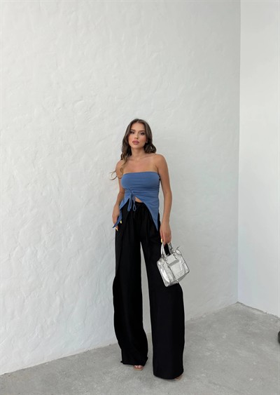 BEL BAĞLAMALI YIRTMAÇLI KETEN PANTOLON SİYAH