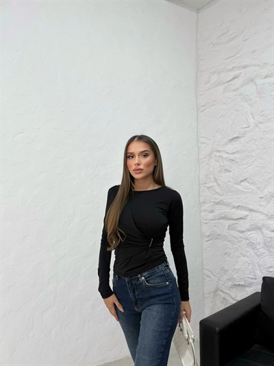 BEL BÜZGÜLÜ DETAY SANDY BLUZ SİYAH