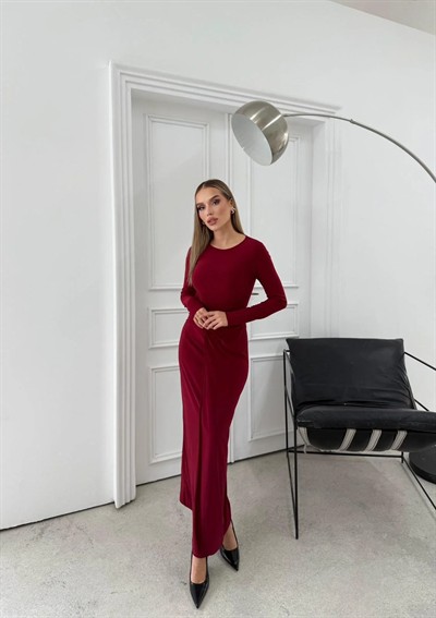 BEL DRAPE AKSESUAR DETAY UZUN SANDY ELBİSE BORDO