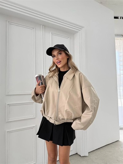 BEL KEMER DETAY DERİ CEKET KREM 3137