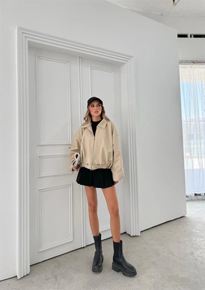 BEL KEMER DETAY DERİ CEKET KREM 3137