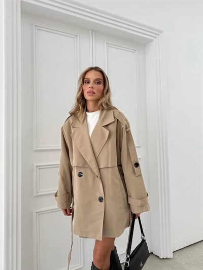 BEL KUŞAKLI DÜĞME DETAY İÇ ASTARLI OVERSİZE KISA TRENÇKOT KREM