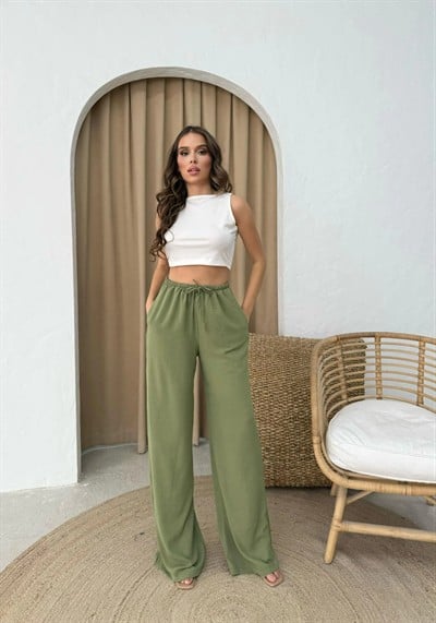 BEL LASTİKLİ İNCE KEMER DETAY PALAZZO AYROBİN PANTOLON HAKİ