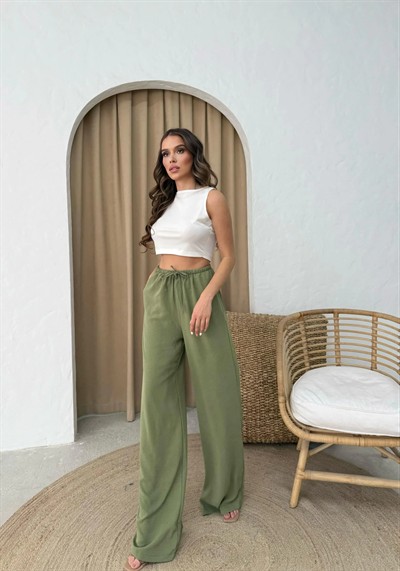 BEL LASTİKLİ İNCE KEMER DETAY PALAZZO AYROBİN PANTOLON HAKİ