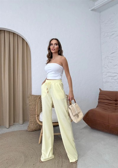 BEL LASTİKLİ PALAZZO GOFRE PANTOLON SARI