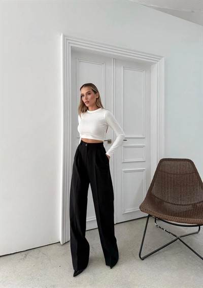 BEL LASTİKLİ YÜKSEK BEL PALAZZO KUMAŞ PANTOLON SİYAH