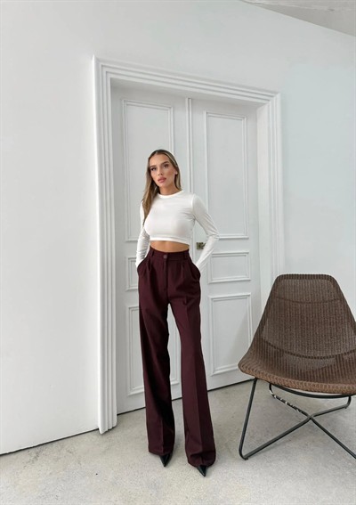 BEL LASTİKLİ YÜKSEK BEL PALAZZO KUMAŞ PANTOLON MÜRDÜM