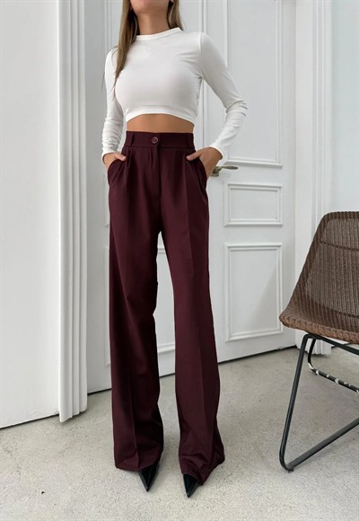 BEL LASTİKLİ YÜKSEK BEL PALAZZO KUMAŞ PANTOLON MÜRDÜM