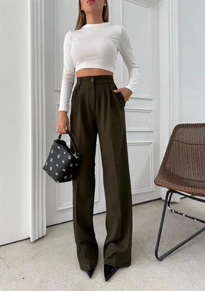 BEL LASTİKLİ YÜKSEK BEL PALAZZO KUMAŞ PANTOLON HAKİ