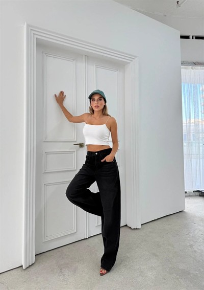 BEL TOKA DETAY BOL KESİM GENİŞ PAÇA BAGGY JEAN SİYAH