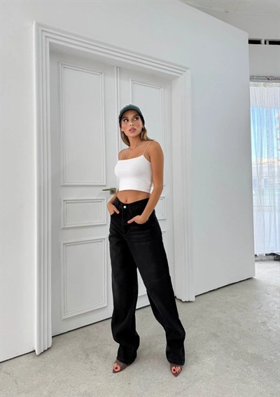 BEL TOKA DETAY BOL KESİM GENİŞ PAÇA BAGGY JEAN SİYAH