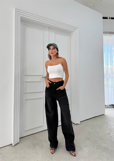 BEL TOKA DETAY BOL KESİM GENİŞ PAÇA BAGGY JEAN SİYAH