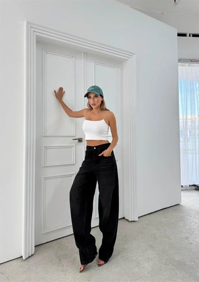 BEL TOKA DETAY BOL KESİM GENİŞ PAÇA BAGGY JEAN SİYAH