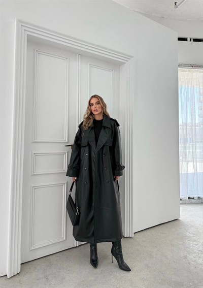 BEL VE KOL KUŞAKLI DÜĞME DETAY İÇ ASTARLI UZUN DERİ CEKET SİYAH 2024