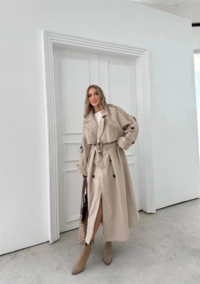 BEL VE KOL KUŞAKLI DÜĞME DETAY İÇ ASTARLI UZUN KAŞE KABAN 2027 (GÖRSELDEN KOYUDUR VİZON RENGİ)