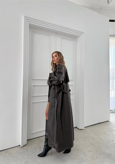 BEL VE KOL KUŞAKLI DÜĞME DETAY İÇ ASTARLI UZUN DERİ CEKET KAHVE 2024