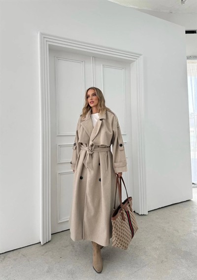 BEL VE KOL KUŞAKLI DÜĞME DETAY İÇ ASTARLI UZUN KAŞE KABAN 2027 (GÖRSELDEN KOYUDUR VİZON RENGİ)