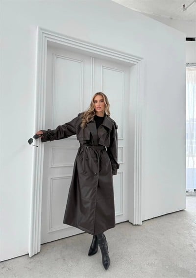 BEL VE KOL KUŞAKLI DÜĞME DETAY İÇ ASTARLI UZUN DERİ CEKET KAHVE 2024