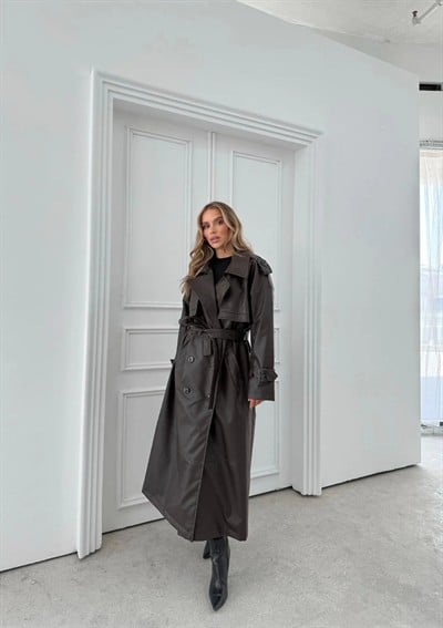 BEL VE KOL KUŞAKLI DÜĞME DETAY İÇ ASTARLI UZUN DERİ CEKET KAHVE 2024