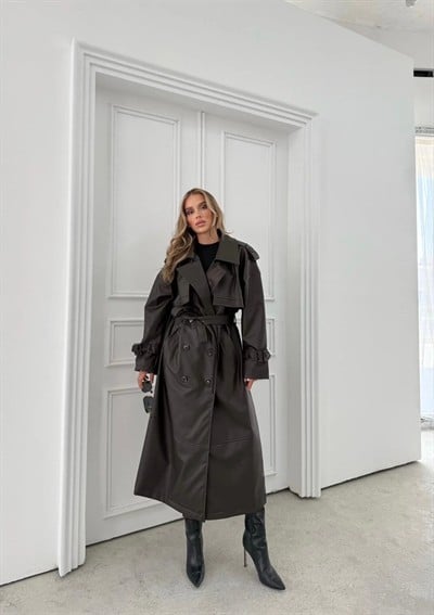 BEL VE KOL KUŞAKLI DÜĞME DETAY İÇ ASTARLI UZUN DERİ CEKET KAHVE 2024