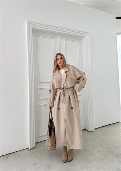 BEL VE KOL KUŞAKLI DÜĞME DETAY İÇ ASTARLI UZUN KAŞE KABAN 2027 (GÖRSELDEN KOYUDUR VİZON RENGİ)