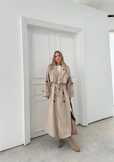 BEL VE KOL KUŞAKLI DÜĞME DETAY İÇ ASTARLI UZUN KAŞE KABAN 2027 (GÖRSELDEN KOYUDUR VİZON RENGİ)