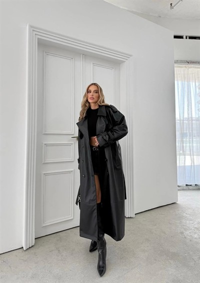 BEL VE KOL KUŞAKLI DÜĞME DETAY İÇ ASTARLI UZUN DERİ CEKET SİYAH 2024