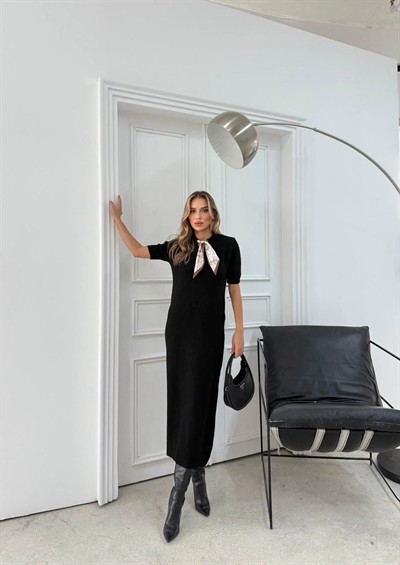 BİSİKLET YAKA FULARLI UZUN TRİKO KALEM ELBİSE SİYAH