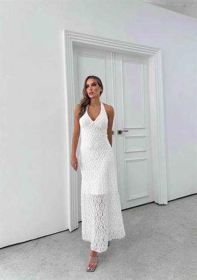 BOYUNDAN BAĞLAMALI DANTEL İÇ ASTARLI UZUN ELBİSE BEYAZ