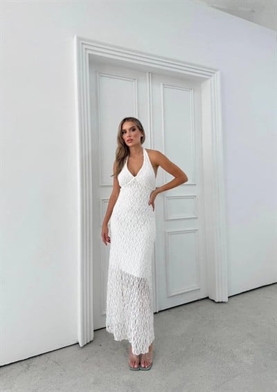 BOYUNDAN BAĞLAMALI DANTEL İÇ ASTARLI UZUN ELBİSE BEYAZ