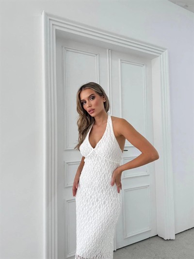 BOYUNDAN BAĞLAMALI DANTEL İÇ ASTARLI UZUN ELBİSE BEYAZ