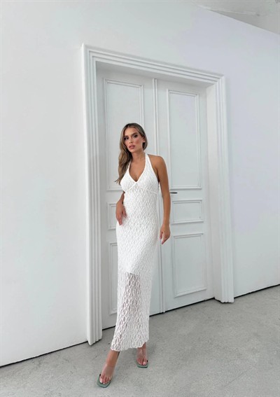 BOYUNDAN BAĞLAMALI DANTEL İÇ ASTARLI UZUN ELBİSE BEYAZ