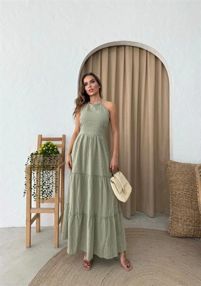 BOYUNDAN BAĞLAMALI İÇ ASTARLI KETEN UZUN ELBİSE HAKİ