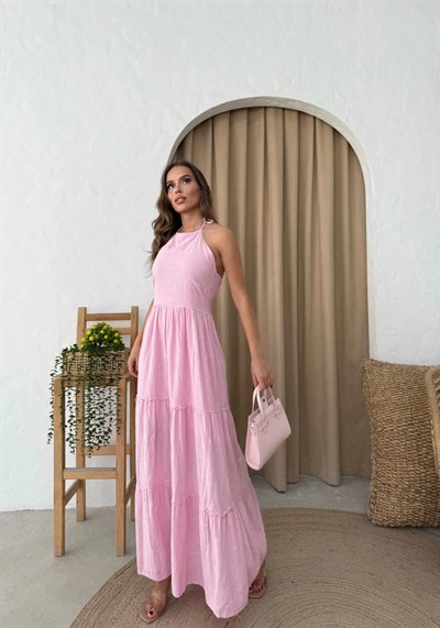 BOYUNDAN BAĞLAMALI İÇ ASTARLI KETEN UZUN ELBİSE PEMBE