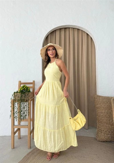 BOYUNDAN BAĞLAMALI İÇ ASTARLI KETEN UZUN ELBİSE SARI