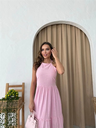 BOYUNDAN BAĞLAMALI İÇ ASTARLI KETEN UZUN ELBİSE PEMBE