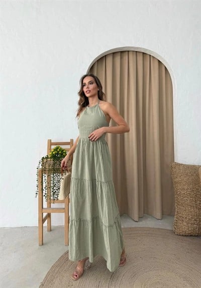 BOYUNDAN BAĞLAMALI İÇ ASTARLI KETEN UZUN ELBİSE HAKİ