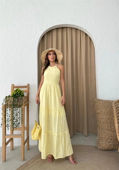 BOYUNDAN BAĞLAMALI İÇ ASTARLI KETEN UZUN ELBİSE SARI