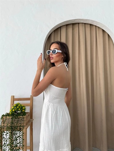 BOYUNDAN BAĞLAMALI İÇ ASTARLI KETEN UZUN ELBİSE BEYAZ