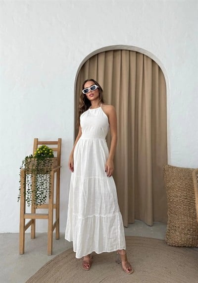 BOYUNDAN BAĞLAMALI İÇ ASTARLI KETEN UZUN ELBİSE BEYAZ