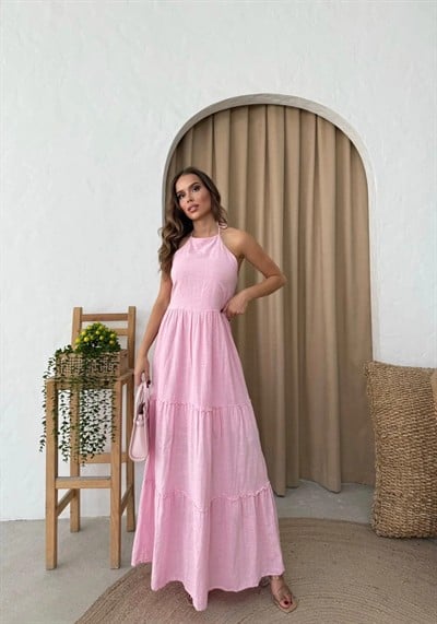 BOYUNDAN BAĞLAMALI İÇ ASTARLI KETEN UZUN ELBİSE PEMBE